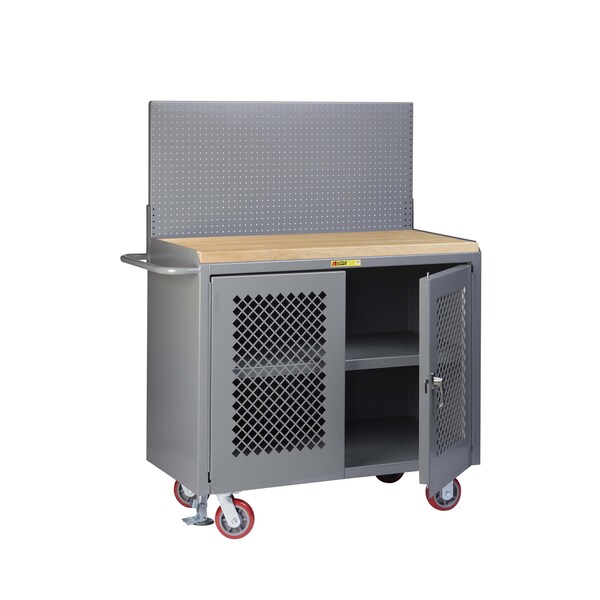 Little Giant Mobile Bench, 36"W, 2 Perf Doors, Center Shelf, Pegboard, Butcher Block MJP32D-36-FL-PB - main
